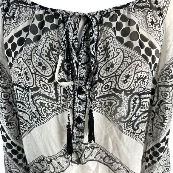 Hale Bob Sz Small Paisley Black & White Print Tassel Tie Front Chiffon Blouse Ov - Picture 2 of 12